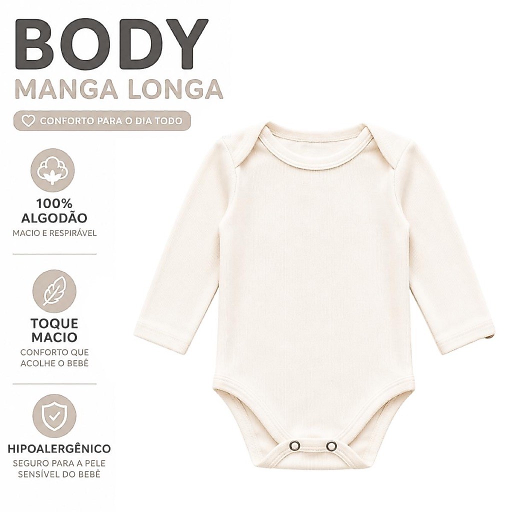 Body Infantil Manga Longa Off White 100% Algodão Bebê Unissex