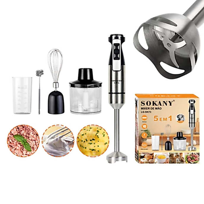 Kit mixer de mão Sokany 5 em 1 com motor, copo medidor, batedor de claras, acessório processador e lâminas de aço inoxidável, exibido ao lado da caixa do produto.