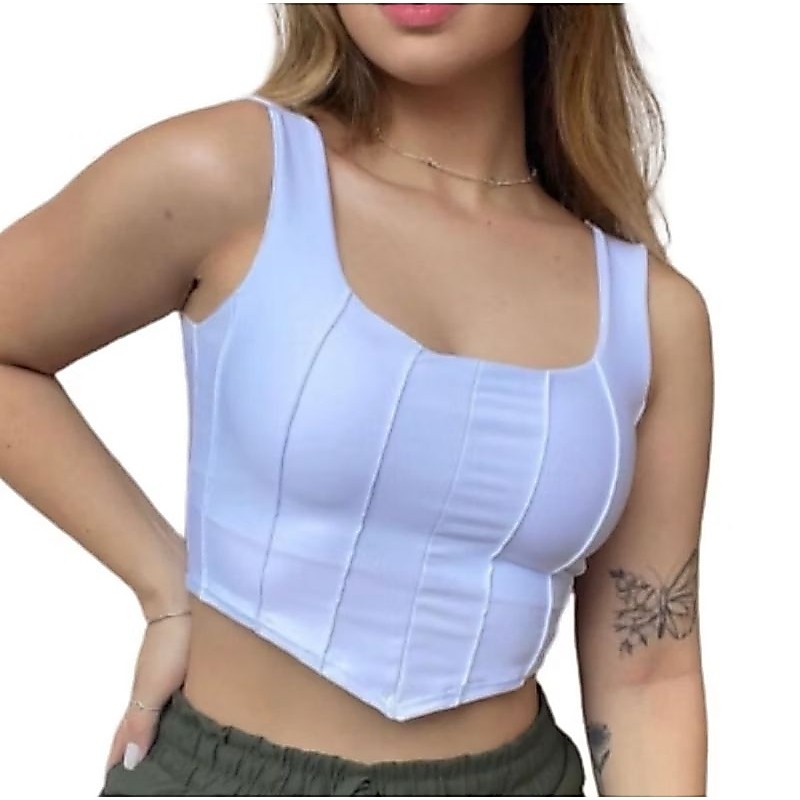 Cropped Corset Bico V Regata Malha Canelada Corselet Croped Alça Larga Estilosa e Crope Confortável