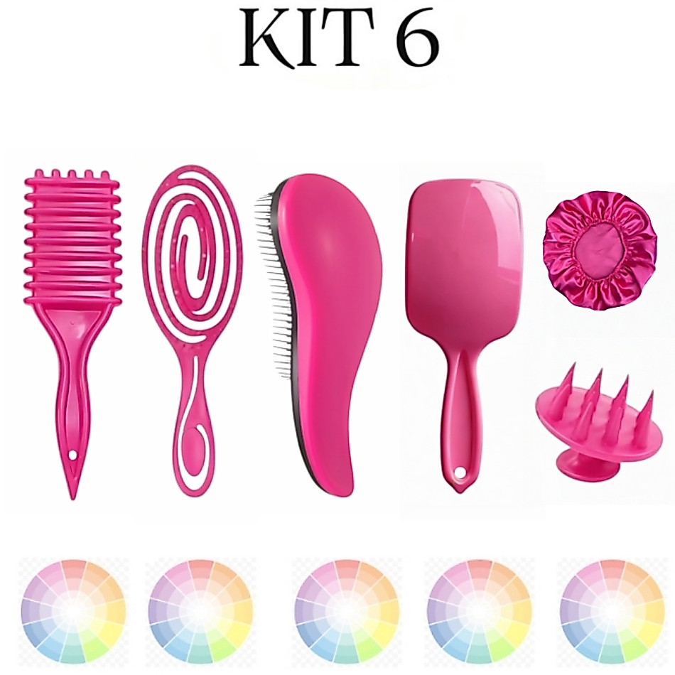 Kit 6 Escovas Cabelo Flex Raquete Fashion Onda Escova Mágica Massageador Silicone Touca CETIM