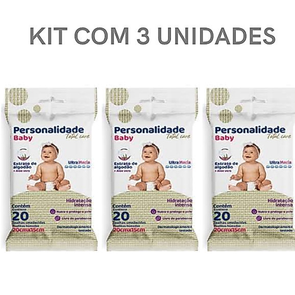 Kit 60 Lenços Umedecidos Personalidade Baby Pochet - 3 Pacotes de 20 Un