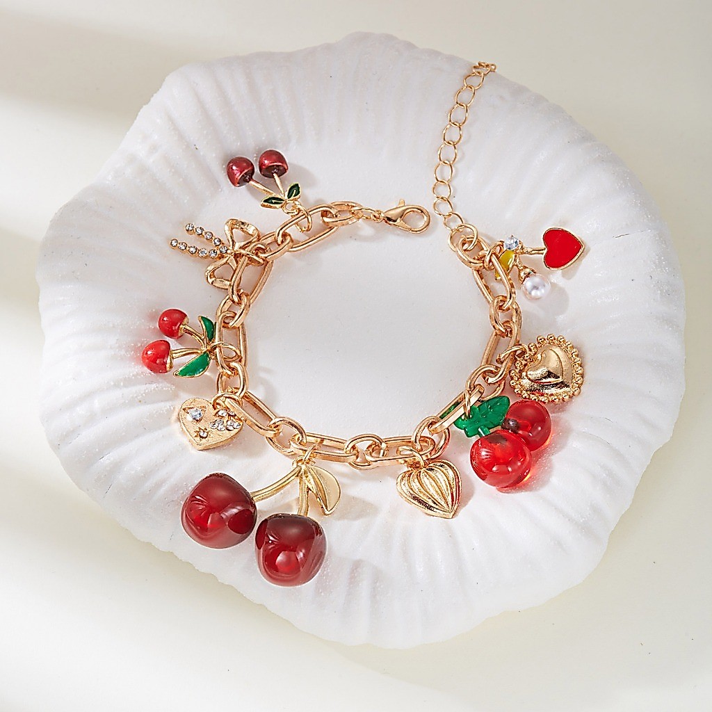 Moda 1 Peça Artesanal Cereja Laço Coração Cristal Pérola Pulseira Corrente Robusta Acessórios Para Presente De Feriado F