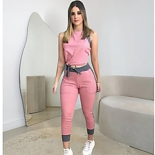 Conjunto feminino calça y blusa tecido malha canelado macio e confortavel