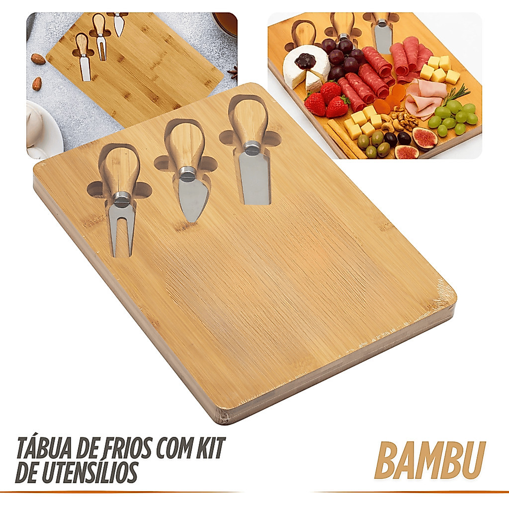 Tábua De Frios Com Kit De Utensílios De Bambu Queijo Petiscos