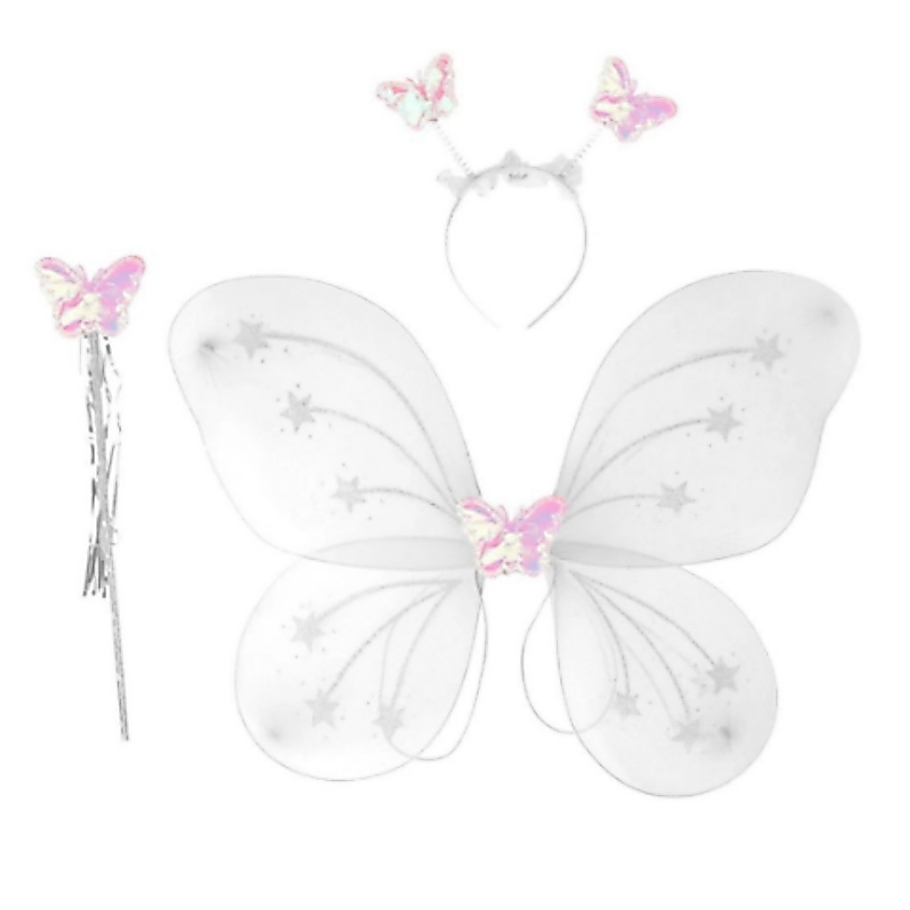 Kit Fantasia Infantil de Fada com Asa de Borboleta, Tiara e Varinha Encantada Halloween Carnaval Festas