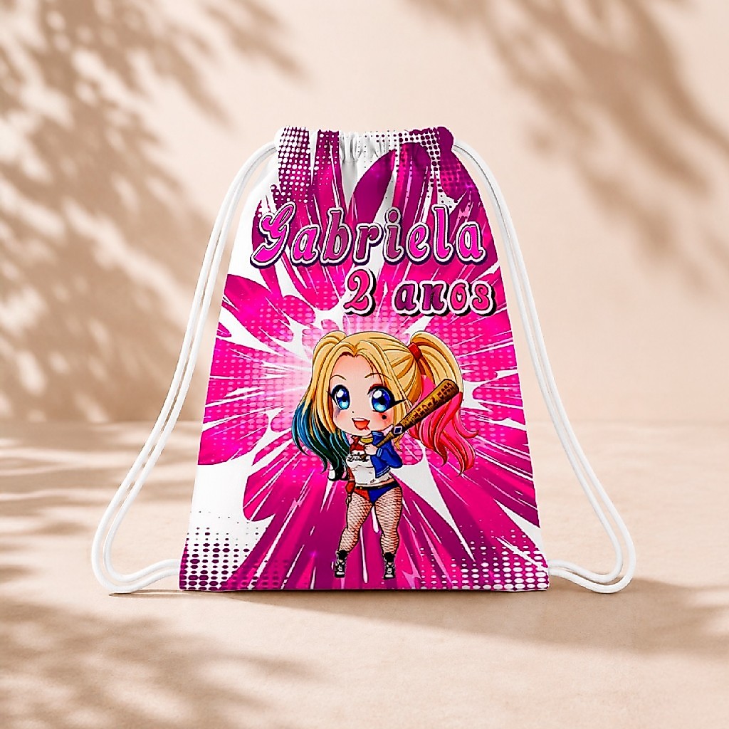 10 Mochila Personalizada Infantil 18x26 Sacolinhas Surpresa Festa Aniversário Lembrancinha Arlequina Cute M2