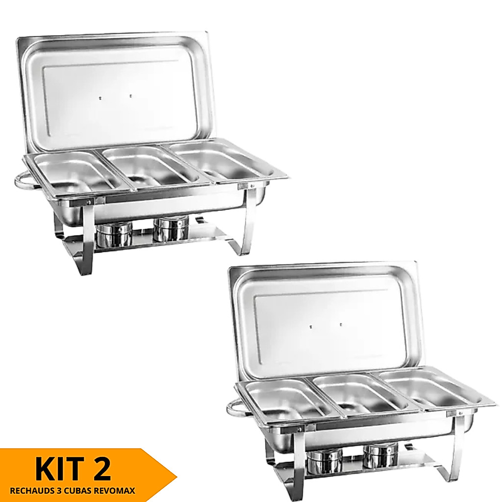 Kit 2 Rechaud Inox Retangular 9L 3 Cubas GN Banho Maria Profissional Buffet Eventos Revomax