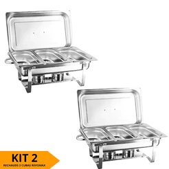 Kit 2 Rechaud Inox Retangular 9L 3 Cubas GN Banho Maria Profissional Buffet Eventos Revomax