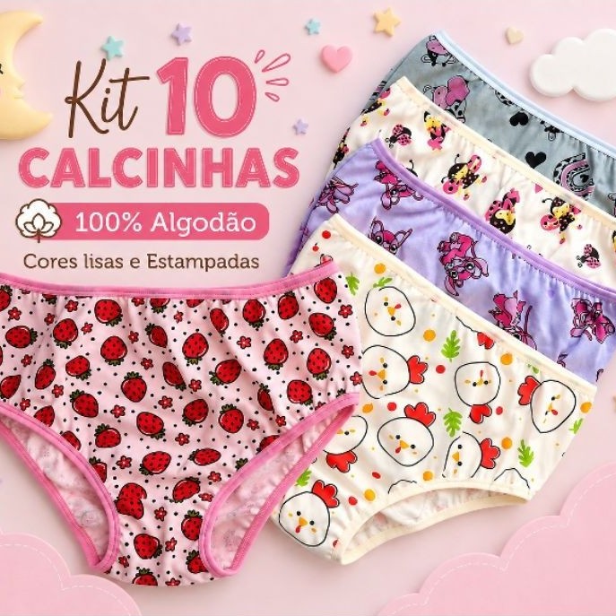 Kit 10 Calcinhas Infantis Malha 100% Algodão Tam. 1 até 10 anos