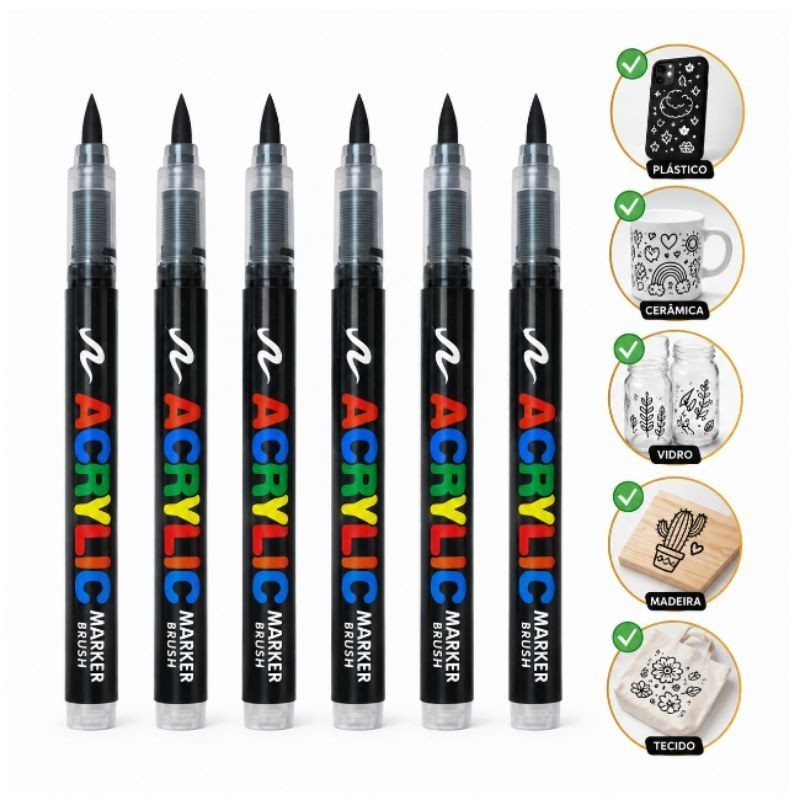 Kit 06 Canetas Pretas Marcador Acrílica Ponta Pincel Brush Marker