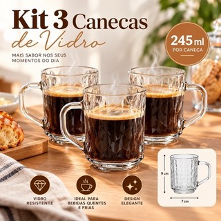 Conjunto 3 Caneca Vidro 245ml Pyramids Café Chá Capuccino Vidro Grosso Cristal Resistente
