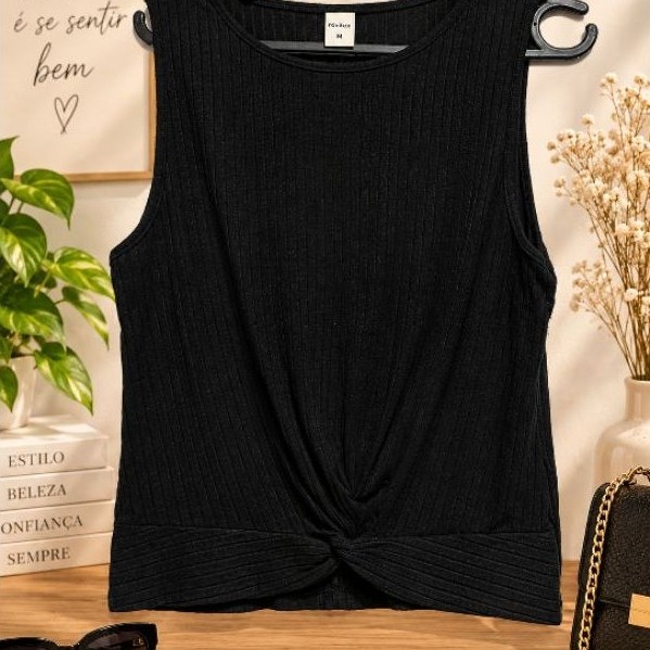 Blusa Feminina Preta Rovitex Malha Canelada Sem Manga com Nó Frontal Elastano Tamanho M Casual Estilosa (Brechó)