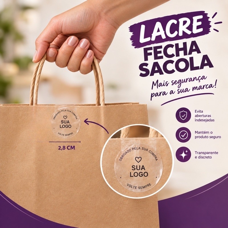 Adesivo Fecha Sacola Personalizado 6x2,8cm – Vinil Transparente (Impressão em Preto)