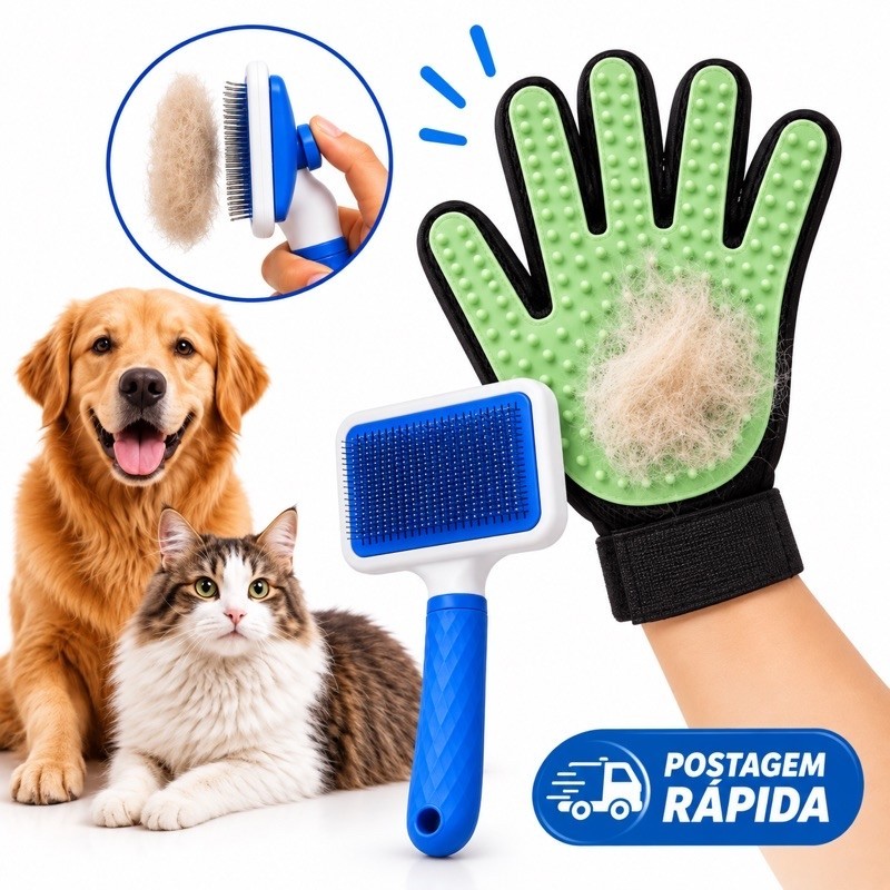 Kit Escova Pet + Luva Removedora de Pelos para Cães e Gatos