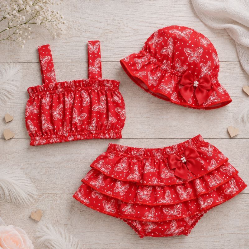 Conjunto Bebê Banho de Sol 3 Peças Feminino | Top + Tapa Fralda + Chapéu | 3 a 9 Meses