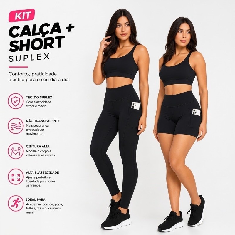 Kit Calça Legging + Short Suplex Cós Alto Com Bolso Academia fitness não transparente