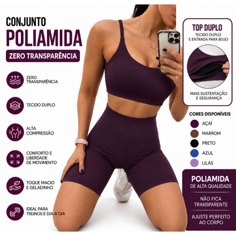 Conjunto Feminino Poliamida Blackout Zero Transparência Top e Short Cintura Alta Academia, Casual | Toque macio