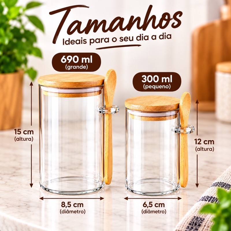 Kit Pote de Vidro 300ml 690ml Tampa e Colher de Bambu Hermético Organizador Tempero Cozinha ENVIO IMEDIATO