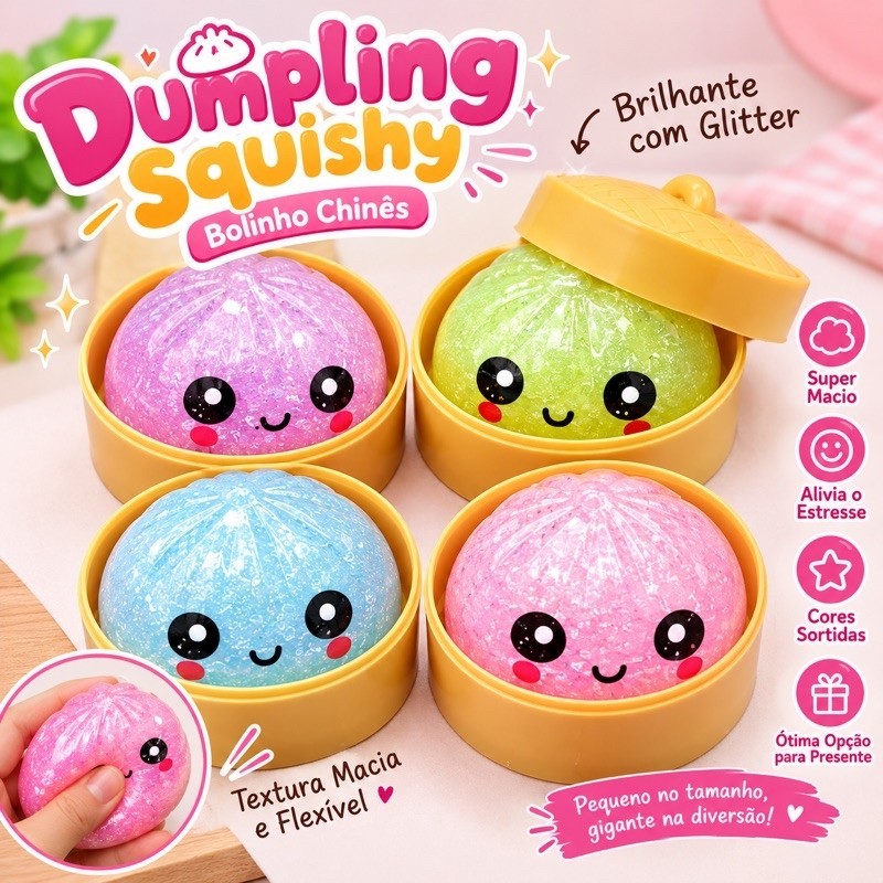 Dumpling Squishy Baozi Bolinho Chinês Brilhante Glitter Macio Antiestresse Pãozinho Macio infantil criança
