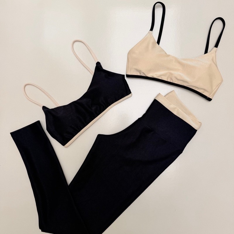 Conjunto de Academia Feminino Microcanelado 0 Transparência Top Bojo Removível e Regulagem Calça Cós Alto Compressão