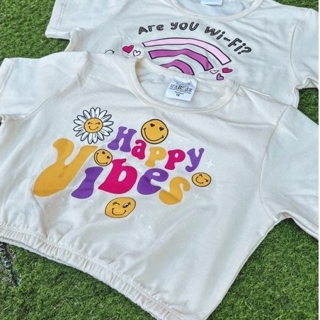 Kit 2 Croppeds Infantil Menina Blusa Algodão Cotton Estampas Sortidas Verão 2 a 12 Anos