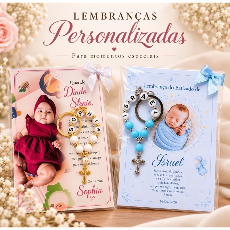 kit com 5 / 10 / 15 / 20 mini terços personalizados com nome - com ou sem chaveiro, ideais para crisma, batizado