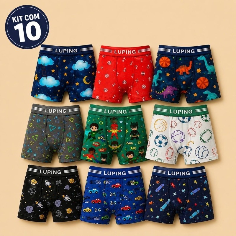 Kit Com 5 ou 10 Cuecas Boxer INFANTIL MENINO KIDS Lisas e Estampadas Super Confortáve — imagem 2 de 2