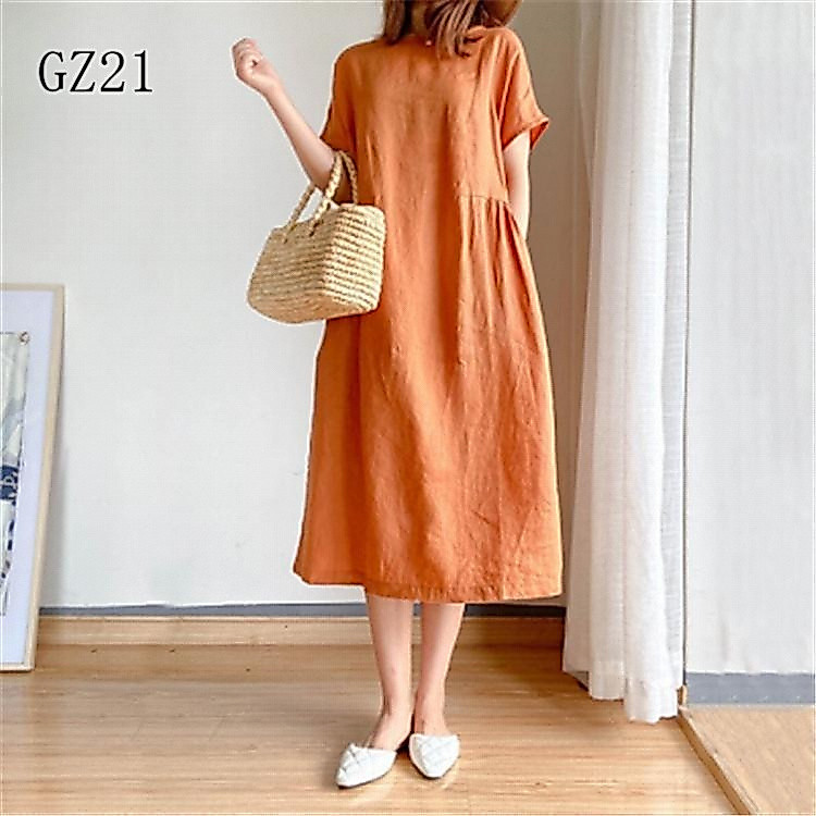 Vestido de verão feminino, em algodão e linho, tamanho plus size, modelo casual e solto, com corte midi e gola redonda, 