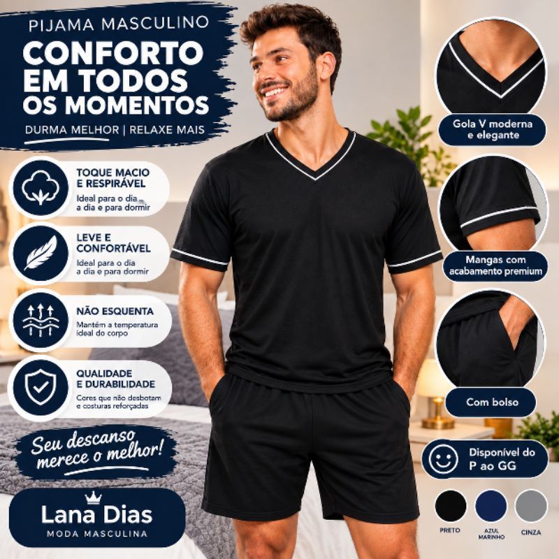 Pijama Masculino gola em V camisa e short curto com Bolso