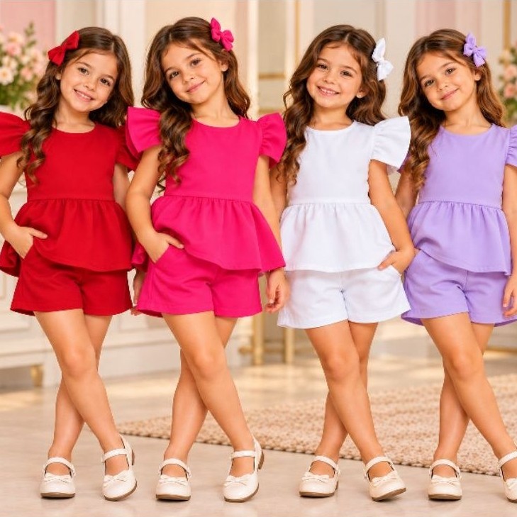 Conjunto Infantil Feminino Alfaiataria Menina *modelo luxo Short e Blusa com Bordado no Bolso | 2 ao 10 qualquer ocasião
