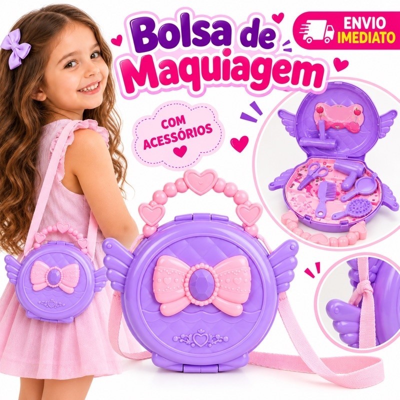 Mini Maleta de Maquiagem Infantil Brinquedo Bolsa com Acessórios Pente Espelho Secador Tesoura