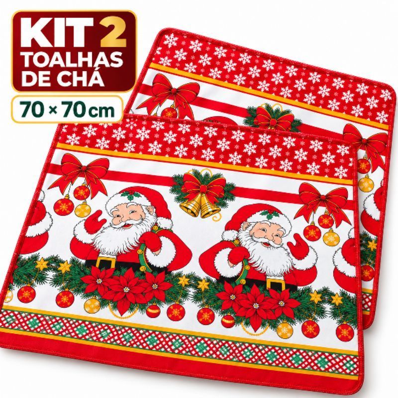 Kit 2 Toalha De Chá Natalina 70x70 Oxford Multiuso Pano De Fogão Microondas Forno Mesa Cozinha Decorada Overloque