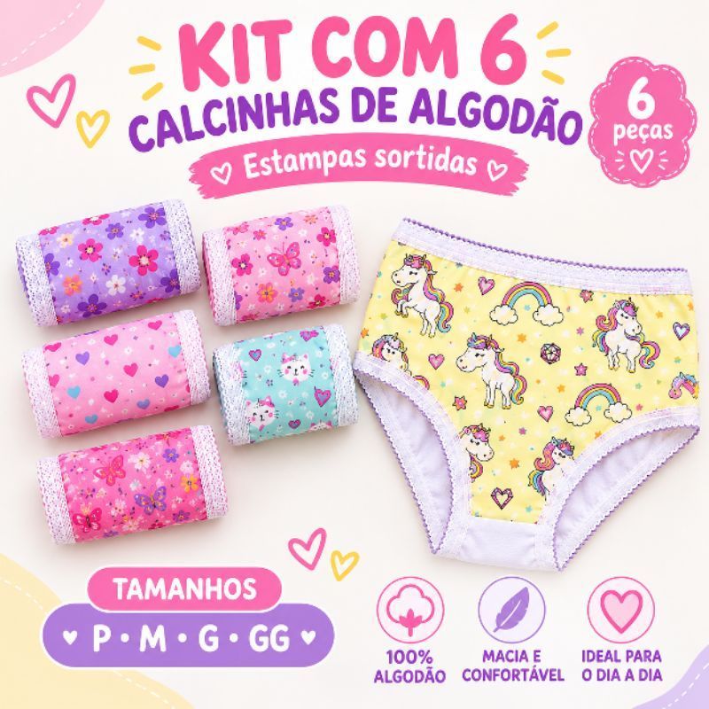 Kit 6 Calcinhas Infantis Femininas de Algodão Estampadas Sortidas Menina Tamanhos P M G GG