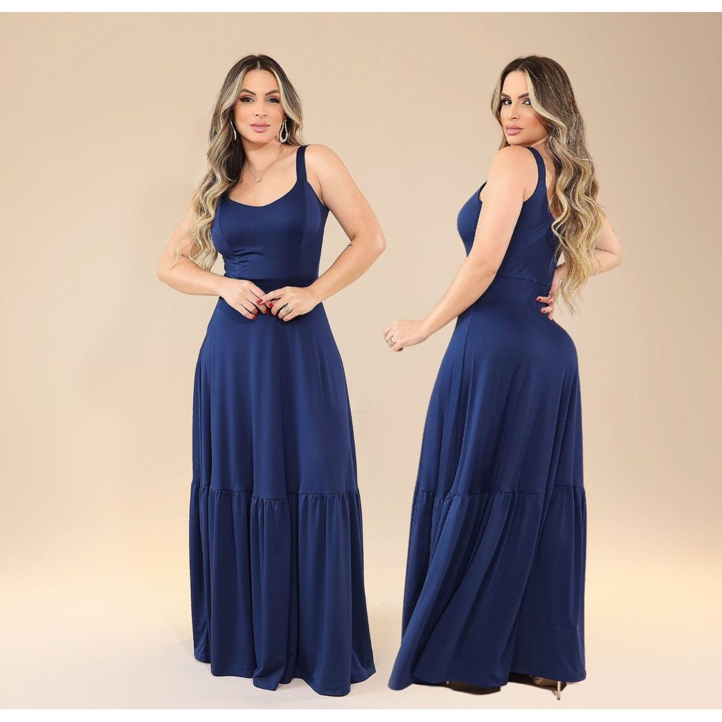 Vestido Longo Feminino Malha Lisa com Alça Fina Moda Verão Elegante Casual Confortável Leve Estiloso Moda Feminina