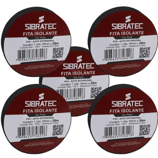 Fita Isolante Sibratec 20 Metros 19mm Preta Azul Verde Amarela Branca Alta Qualidade