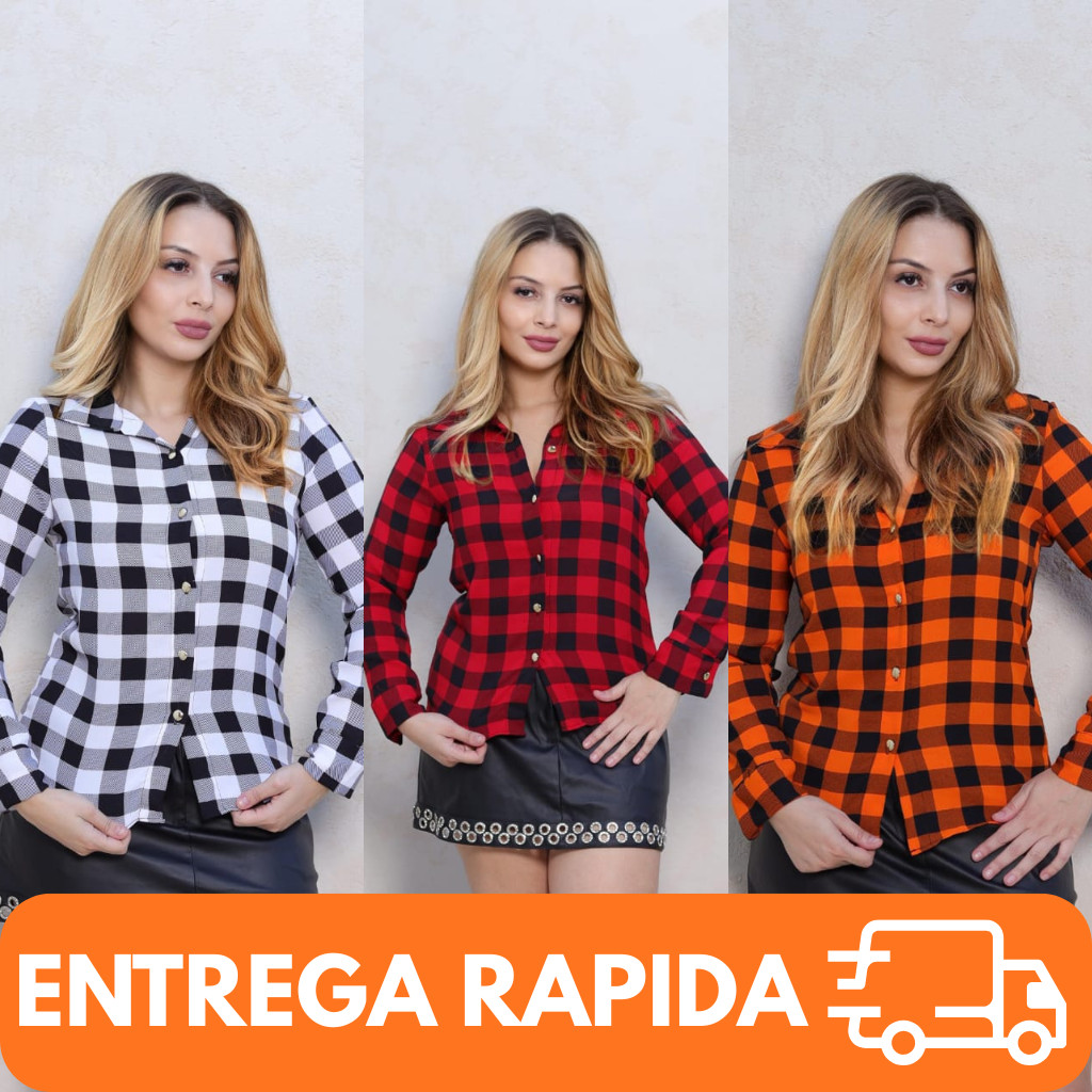 Camisa Xadrez Feminina Flanelada Manga Longa Blusa de Botão Casual Premium