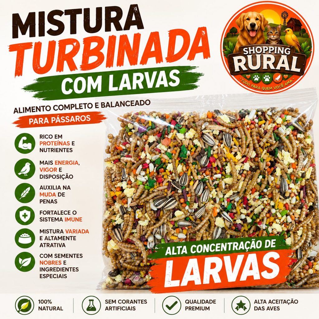 Mistura Turbinada Trinca Ferro Larvas Sementes Nobres Natural Premium Passaros 500g