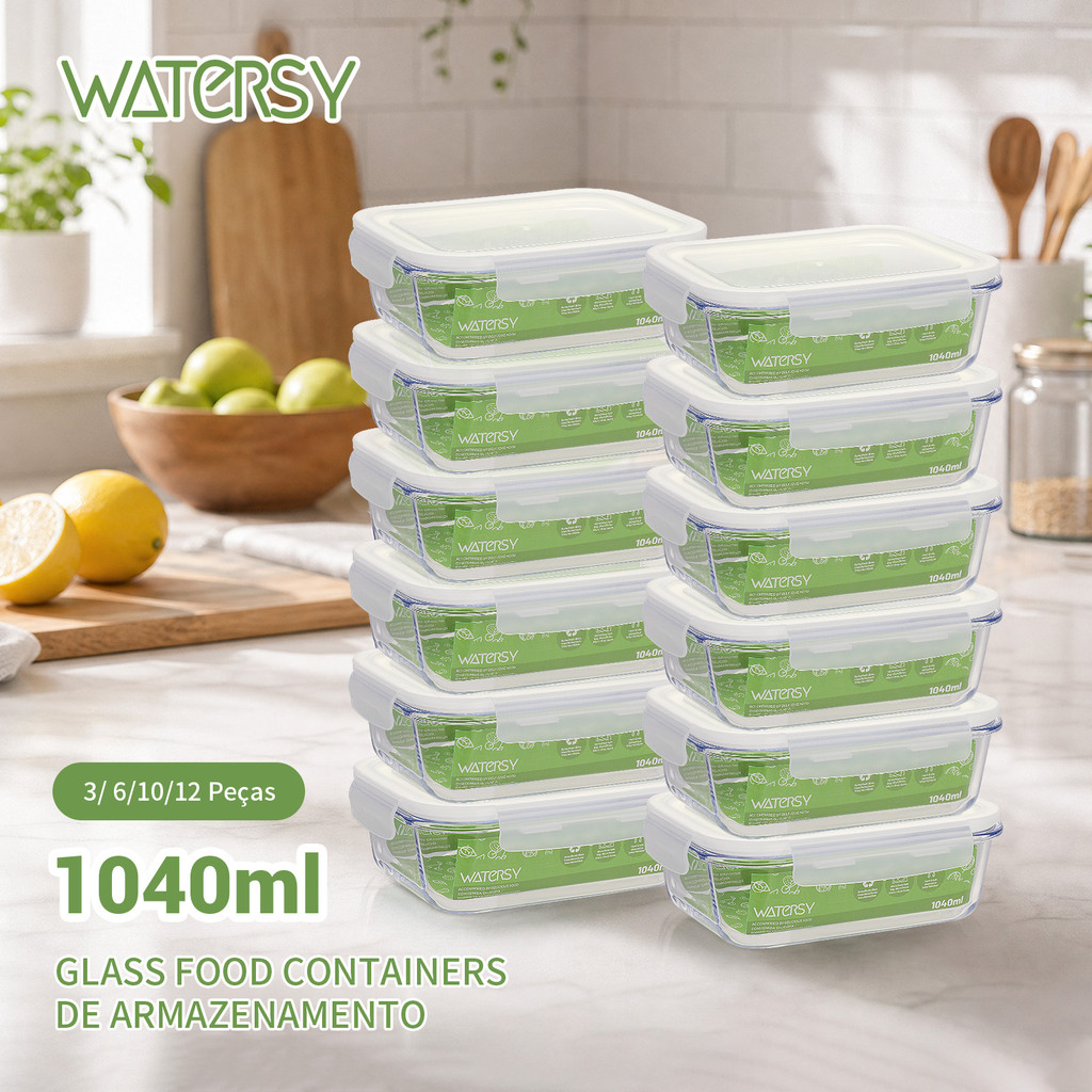 WATERSY kit 12 Marmita de Vidro com Tampa Vedação 1040ml Silicone Sem Odores Para Trabalho Piquenique