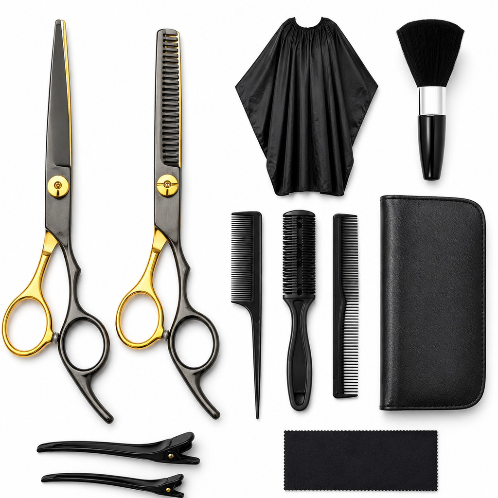 Kit 11 Peças Barbeiro Profissional - Tesouras Inoxidáveis para Cortar Cabelo e Barba, Presente Completo