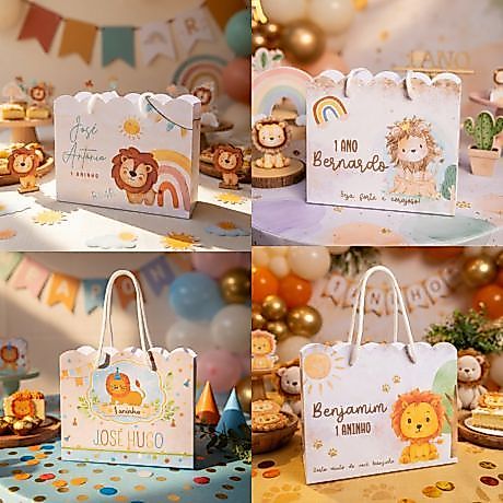10 e 15 sacolinhas personalizadas leaozinho boho lembrancinha aniversário leão minimalista festa