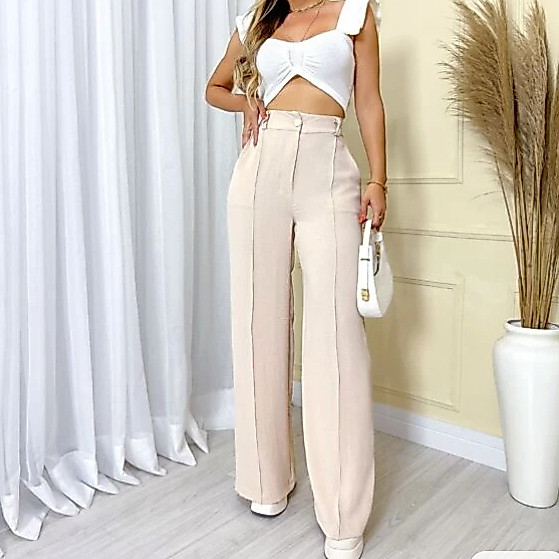 Calça GG Feminina Pantalona Wide Leg Duna com Botão Tendência 2025