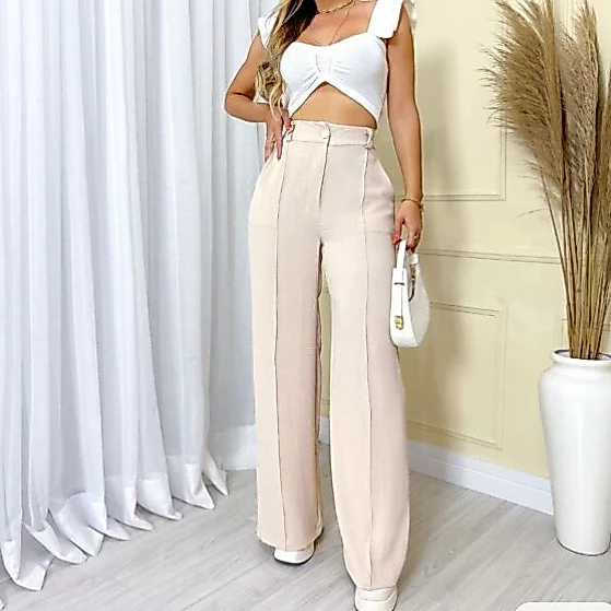 Calça GG Feminina Pantalona Wide Leg Duna com Botão Tendência 2025 — imagem 1
