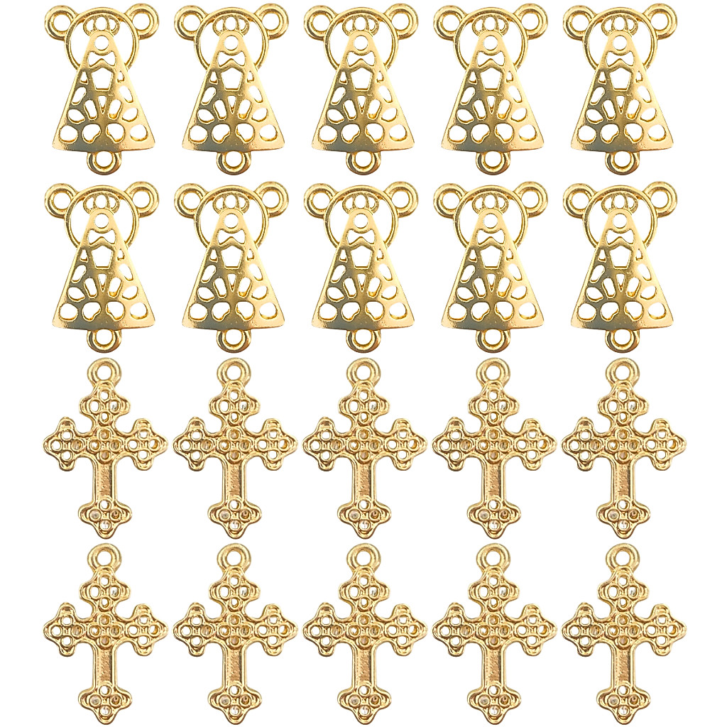 KIT 10 Pingente Crucifixo + 10 Entremeio Nossa Senhora Aparecida Cruz Furadinha Dourado Cataforético