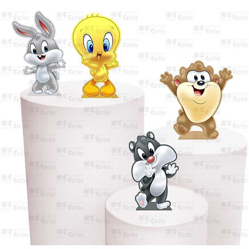 Kit de Display 4 de 20cm Totens para Decoração de Festa Looney Tunes Baby em MDF Cortado a Laser