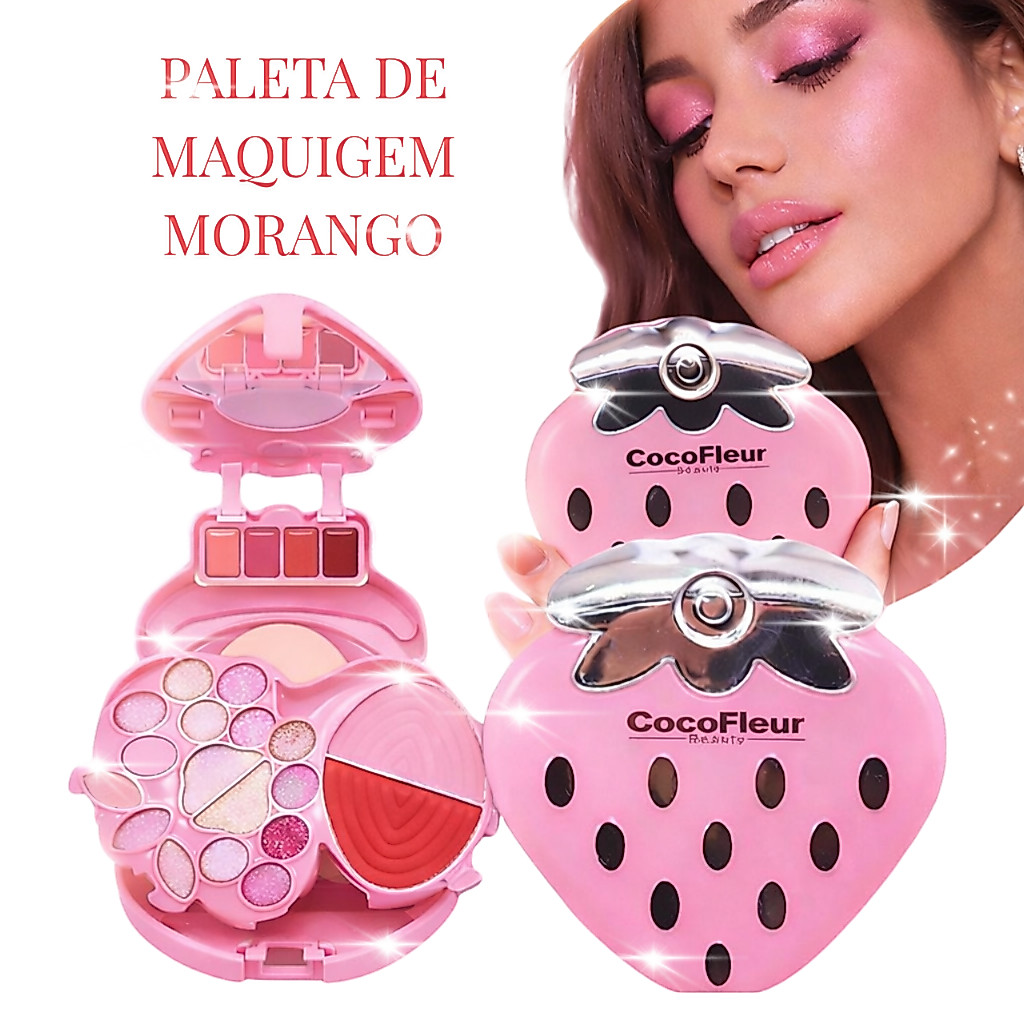 CocoFleur Paleta de Maquiagem Multifuncional Morango 3 Camadas com Blush, Sombra, Iluminador, Batom, Espelho e Esponja