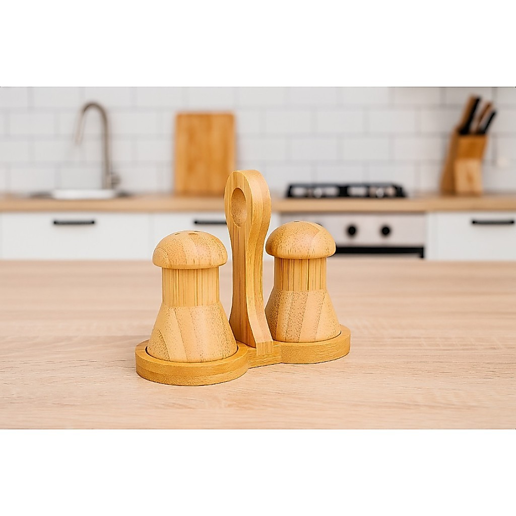 Kit Saleiro e Pimenteiro de Mesa 100% Bambu com Suporte