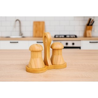 Kit Saleiro e Pimenteiro de Mesa 100% Bambu com Suporte