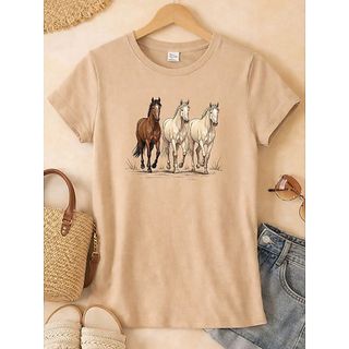 Camiseta Feminina Estampa Cavalos Blusa Feminina Country Casual Moda 100% Algodão