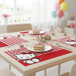 Jogo Americano Personalizado em papel para festa infantil - Hello Kitty Xadrez Vermelha