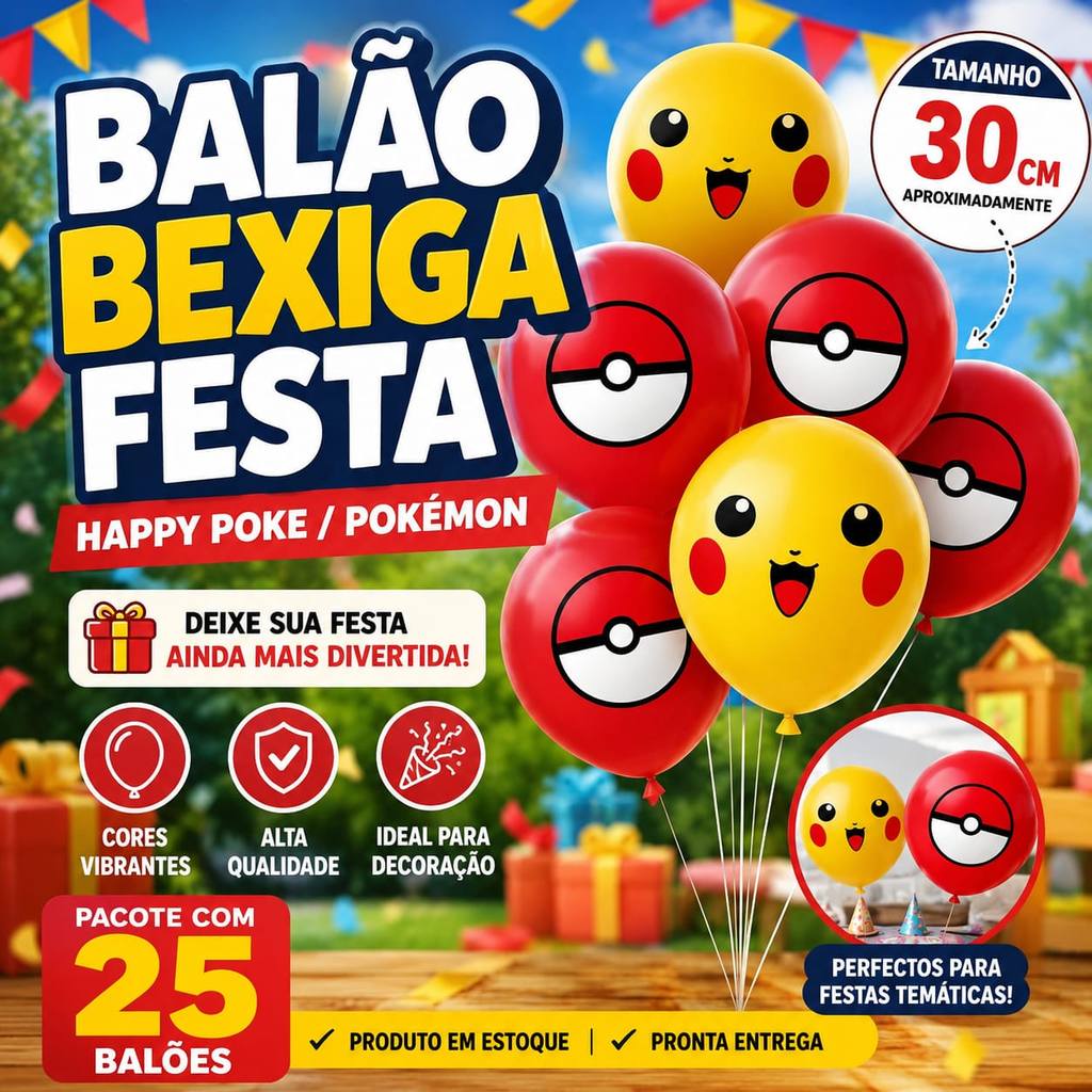 Balão Happy Poke Pokemon 30cm Kit 25 Bexigas Festa Infantil Decoração Vermelho e Amarelo